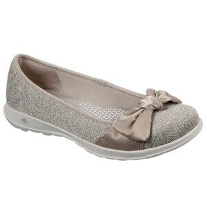 Skechers Flat Shoes Women's Size 8 Beige Knit Bow Air Cooled Goga Mat SN16366